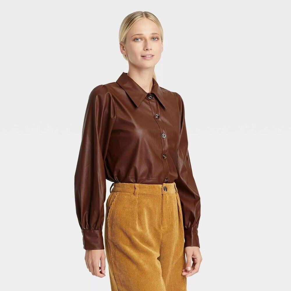Who What Wear Faux Leather Long Sleeve Blouse Brown, Size Small NWT